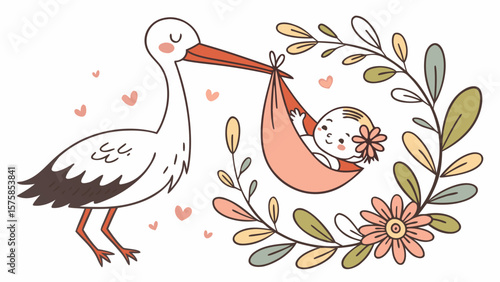 A sweet illustration of a stork delivering a baby in a cozy sling, surrounded by floral elements and hearts.