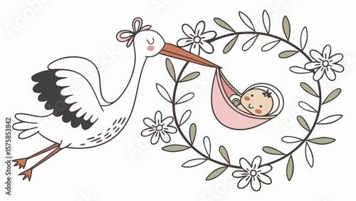A whimsical illustration of a stork delivering a baby in a hammock, surrounded by flowers, perfect for baby announcements.