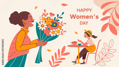 A joyful woman in traditional attire presents flowers to a seated woman enjoying a treat, celebrating Women's Day.