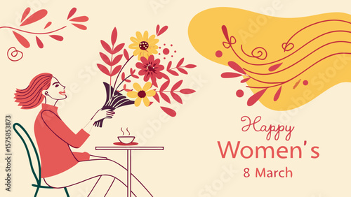A woman happily receiving a bouquet of flowers, celebrating International Women's Day on March 8.