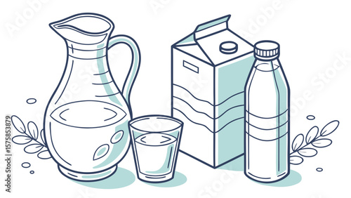 Illustration of a glass pitcher, glass, and cartons of beverages, featuring a clean and minimalist design.