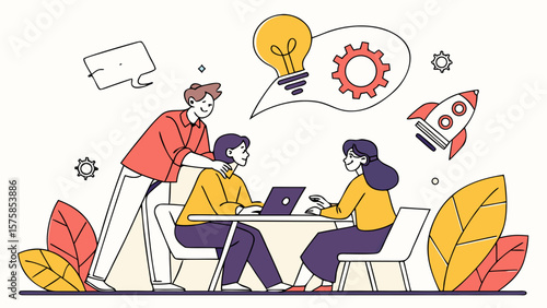 A diverse group of young professionals collaborate on a project, sharing ideas and inspiration in a modern workspace.