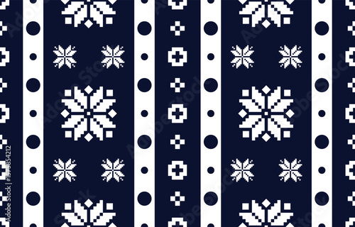 Christmas and New Year green and white seamless pattern, fairytale pixel pattern in white and green with Nordic snowflakes for winter hats, ugly sweaters, jumpers. wallpaper, paper or other design
