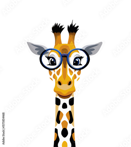 Cute giraffe wearing glasses in a modern colorful vector illustration style, transparent background