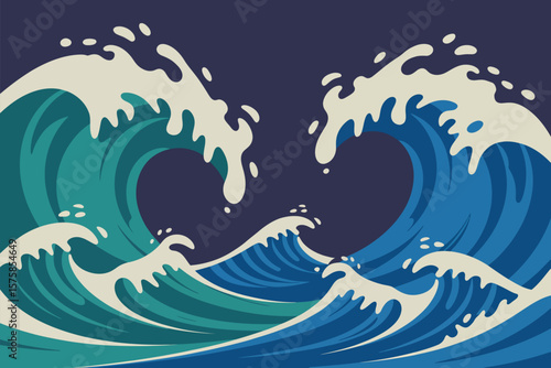 Two large ocean waves curl and crash against a dark sea, showcasing nautical nature in a digital illustration.