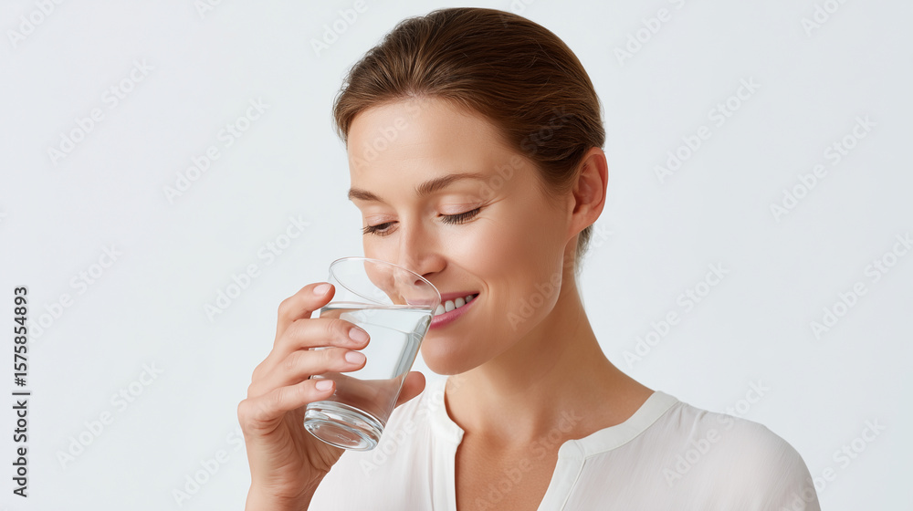 A woman is holding a glass of water and smiling in front of a white background in a studio setting A woman is holding a glass of water and smiling in front of a white background in a studio setting