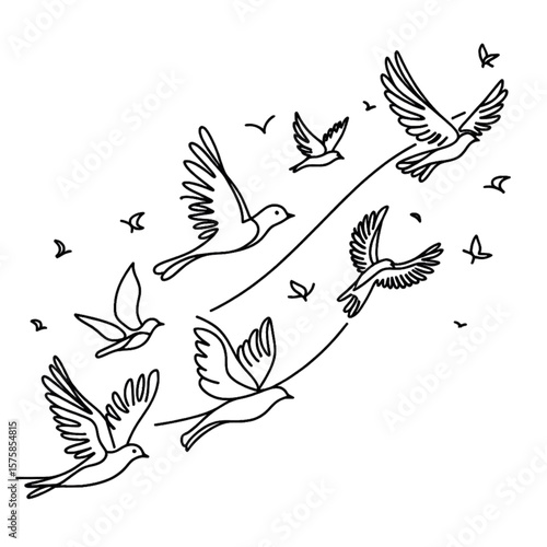 A flock of minimalist birds takes flight in this airy line art design, perfect for nature-inspired concepts and clean, modern layouts.