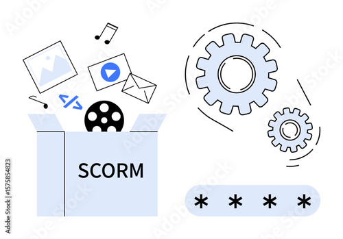 Open box labeled SCORM containing multimedia items thumbs up images, videos, and code. Adjacent gears symbolize systems integration, e-learning, and technical processes. Ideal for education