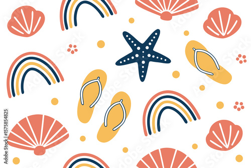 Seamless Beach Pattern with Shells Rainbows Flip-flops and Starfish
