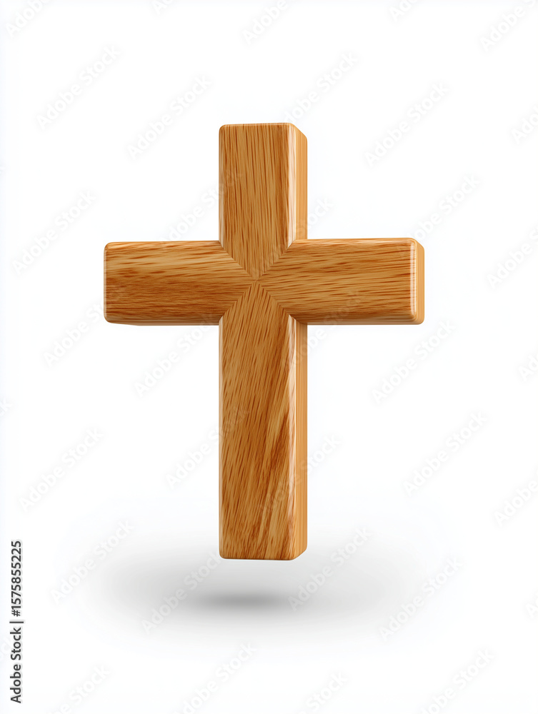 A simple wooden cross standing upright against a plain white background with soft shadow beneath it A simple wooden cross standing upright against a plain white background with soft shadow beneath it