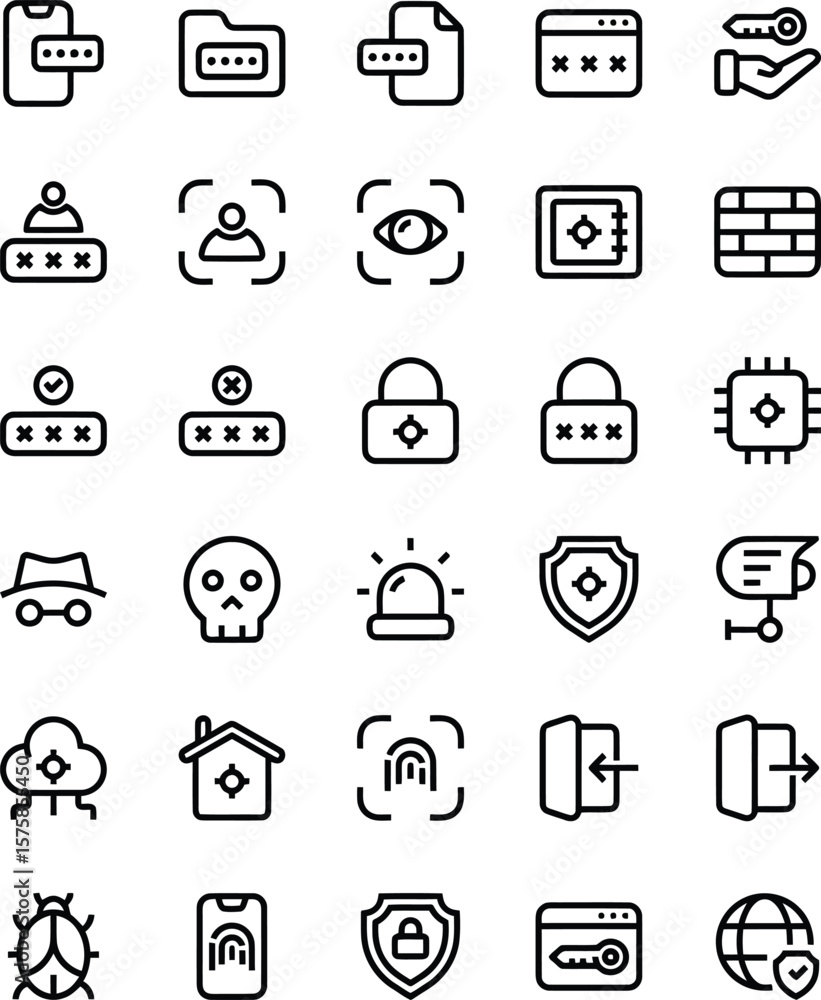 Fototapeta premium Vector Cyber Security & Data Protection Icons: Essential Symbols for Digital Safety and Network Security.