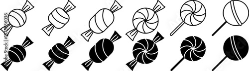Flat candy and lollipop icon set in outline and solid styles EPS 10. Includes sweet treats like wrapped candies and round swirl lollipops, perfect for food illustrations, packaging or playful designs.