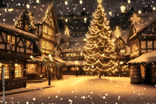 Wallpaper Mural Magical Snowfall in a Village Square with a Decorated Christmas Tree Torontodigital.ca