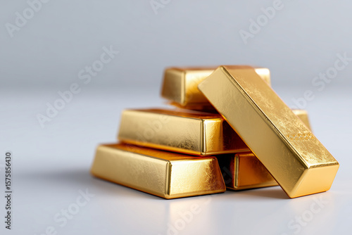 A stack of shiny gold bars piled on top of each other against a light gray and white background