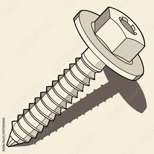 Hexagon flange screw with spiral threads on beige background  