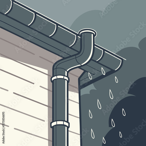 Rainwater downpipe with droplets hanging from roof in overcast weather  