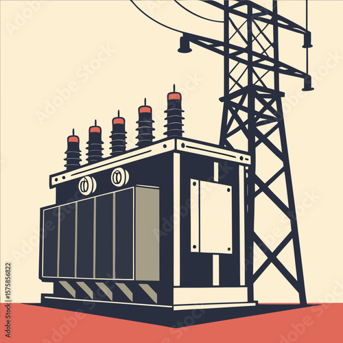 High voltage transformer with power lines in retro style illustration  