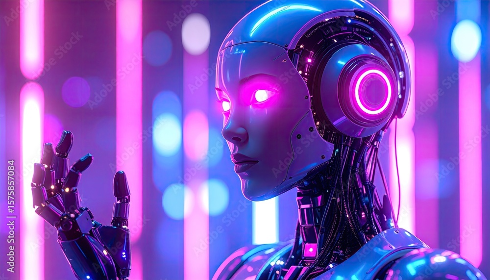 Fototapeta premium Futuristic robot woman in vibrant neon light