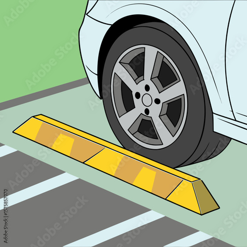 Car wheel resting on yellow parking curb in a parking lot  