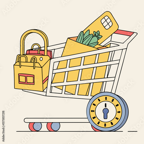 Shopping cart with groceries and a locked padlock in minimalist style  