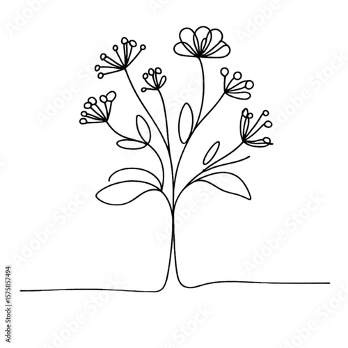 Elegant floral line drawing features delicate blooms and leaves, suitable for minimalistic designs and botanical themes.