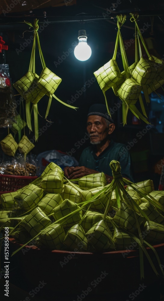 Fototapeta premium Night Market Ketupat Seller: A Glimpse into Indonesian Ramadan Traditions