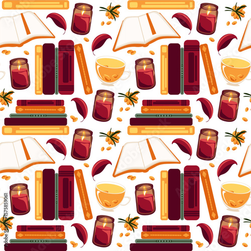 Seamless pattern with books, sea buckthorn tea, coffee, and candles. Cozy autumn design for wrapping paper, planner covers, and reading-themed seasonal decor.