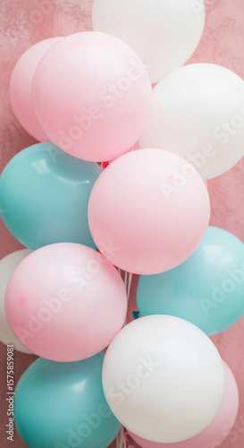 Close-up of pastel pink, white, and blue balloons, creating a soft and airy aesthetic, symbolizing celebration, joy, and festivity, ideal for party or event backgrounds