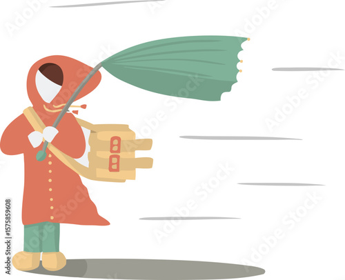 Windy Day Girl Illustration – Cute Autumn Character in Stormy Weather