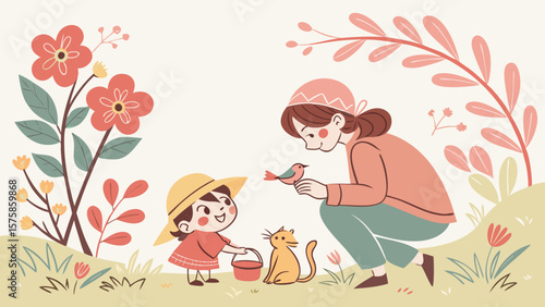 A joyful interaction between a young girl and her mother, surrounded by colorful flowers and a curious cat.