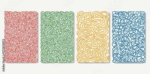 Twisted lines, fluid, curved, wiggling stripes, waves vector backgrounds set. Liquid, funky chaotic ornaments, groovy hippie patterns collection. Doodle, uneven hand drawn wavy, organic winding 
