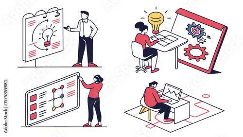 A diverse team engaged in creative brainstorming and problem-solving activities, showcasing innovative ideas through illustrations.