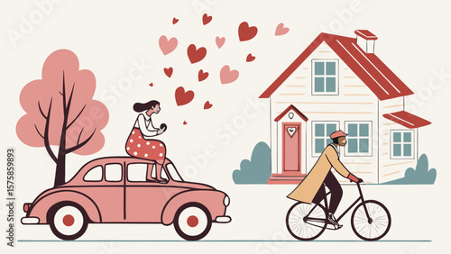 A whimsical illustration of a woman on a pink car, surrounded by hearts, while a man rides a bicycle past a charming house.
