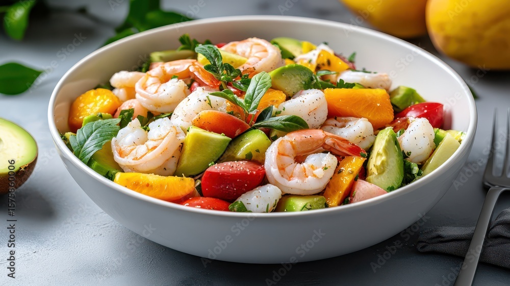 Delicious Fresh Shrimp Salad with Avocado and Tomatoes Served in Bowl Delicious Fresh Shrimp Salad with Avocado and Tomatoes Served in Bowl