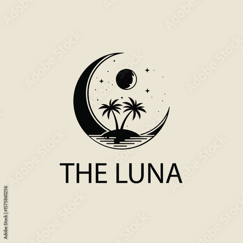 A serene and artistic logo featuring a crescent moon, stars, and palm trees within a circular design.