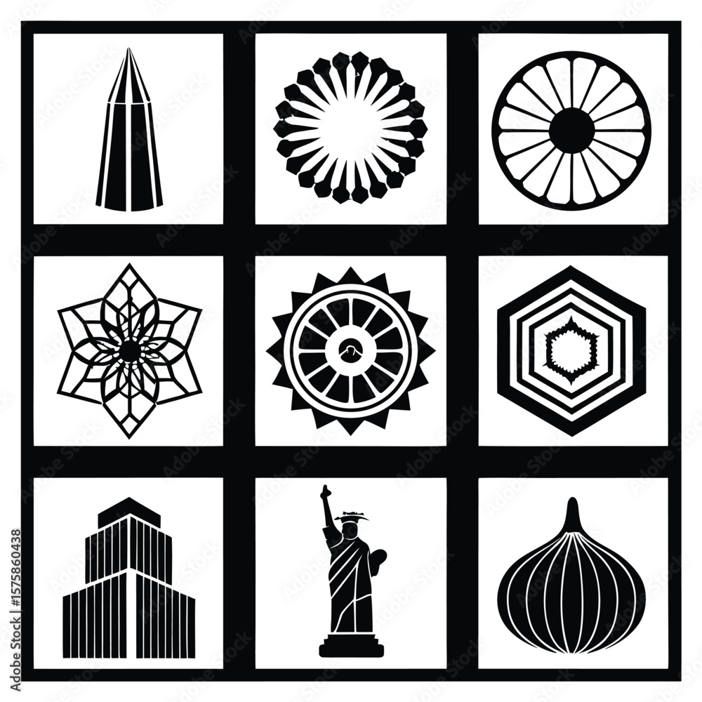 Fototapeta premium Collection of Black Silhouette Icons Featuring Geometric Patterns and Landmarks white