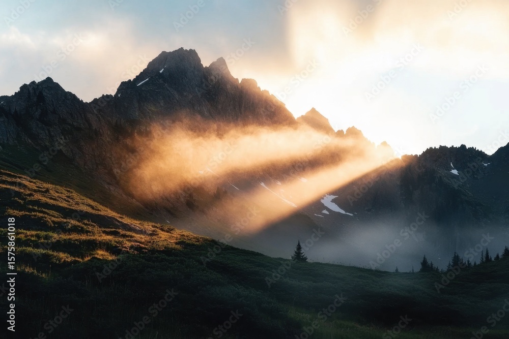 Fototapeta premium Serene morning hike north cascades national park nature photography majestic mountains sunlight rays tranquil atmosphere for outdoor enthusiasts
