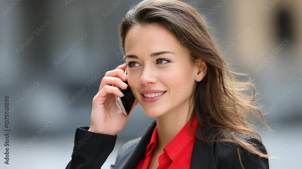 Businesswoman with Mobile Phone: Young businesswoman having a phone conversation. She is dressed in a black jacket and red shirt, smiling slightly as she listens to the call. Businesswoman with Mobile Phone: Young businesswoman having a phone conversation. She is dressed in a black jacket and red shirt, smiling slightly as she listens to the call.