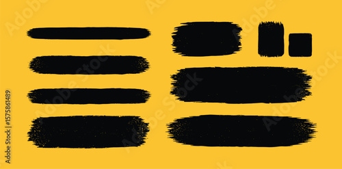 Linocut vector relief printing rectangle shapes, stripes of various length, rough grunge textures collection. Textured backgrounds set. Paint roller stains, lino ink grungy geometric text box 