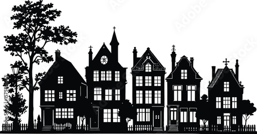 Black-and-White Vector Illustration of Neighborhood House Row with Tree – 1-Scene Urban Residential Silhouette