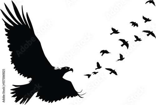 Black-and-White Vector Illustration of Eagle & Flock – 1-Scene Symbolic Bird Silhouette