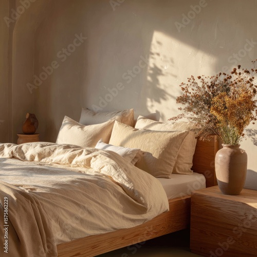Cozy hotel bedroom interior with comfortable bed, soft pillows, and warm lighting