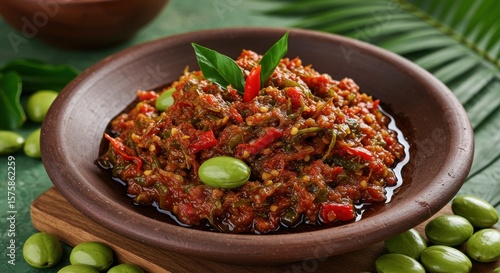 Spicy Indonesian sambal in a rustic bowl, surrounded by vibrant greens and legumes