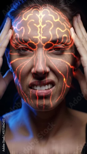 Tight close-up of a gender-neutral person with a deeply pained expression, hands pressed to temples. An abstract, glowing orange brain graphic overlays the skull, emitting pulsing red neural lines