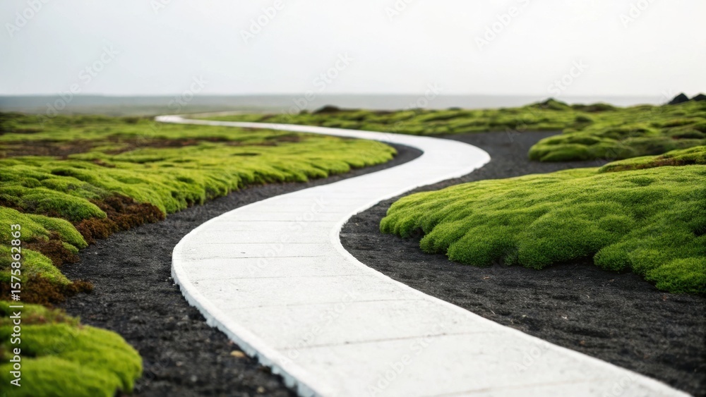 Obraz premium Curving white pathway through vibrant green mossy landscape under a soft sky