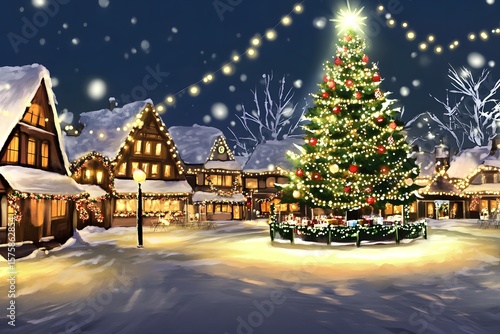 Enchanting Christmas Village Scene with a Decorated Tree and Twinkling Lights