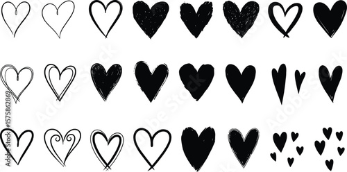 Hand drawn linear hearts set. Various brush, chalk, marker, ink drawn heart shapes. Artistic lines, outlines. Valentine's day uneven, textured edge doodle templates.