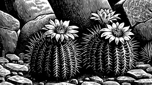 Cactus variety with spiky pads and blooming flowers, shown in a stylized black and white line art illustration perfect for desert themed, boho, or southwestern branding and tattoo inspiration