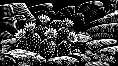 Cactus variety with spiky pads and blooming flowers, shown in a stylized black and white line art illustration perfect for desert themed, boho, or southwestern branding and tattoo inspiration