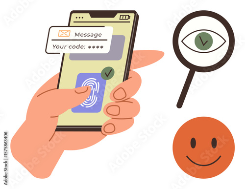 Hand holding phone showing fingerprint scanning and message with secure code. Magnifying glass with eye and checkmark, smiling orange face. Ideal for security, tech, trust, privacy, passwords